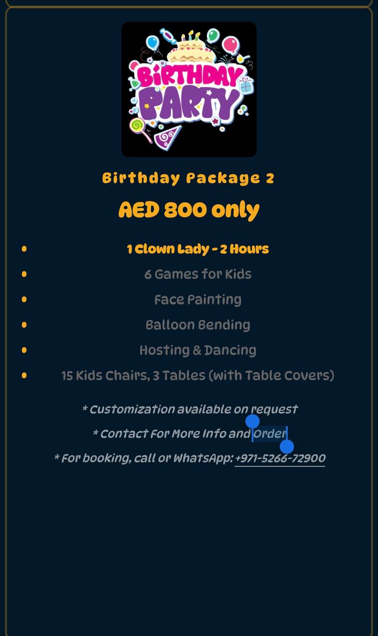 Birthday Package 2 flyer with clown lady, games, face painting, balloon bending, hosting and kids seating